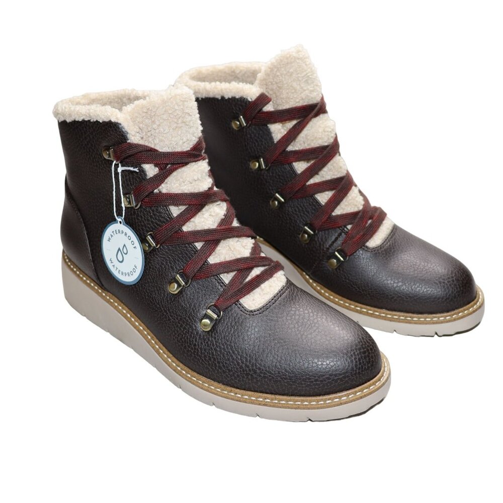 Dr. Scholls Boots Size 9.5 Brown Leather Lace-up Sherpa Lined So Cozy Wedge NEW - Picture 2 of 14